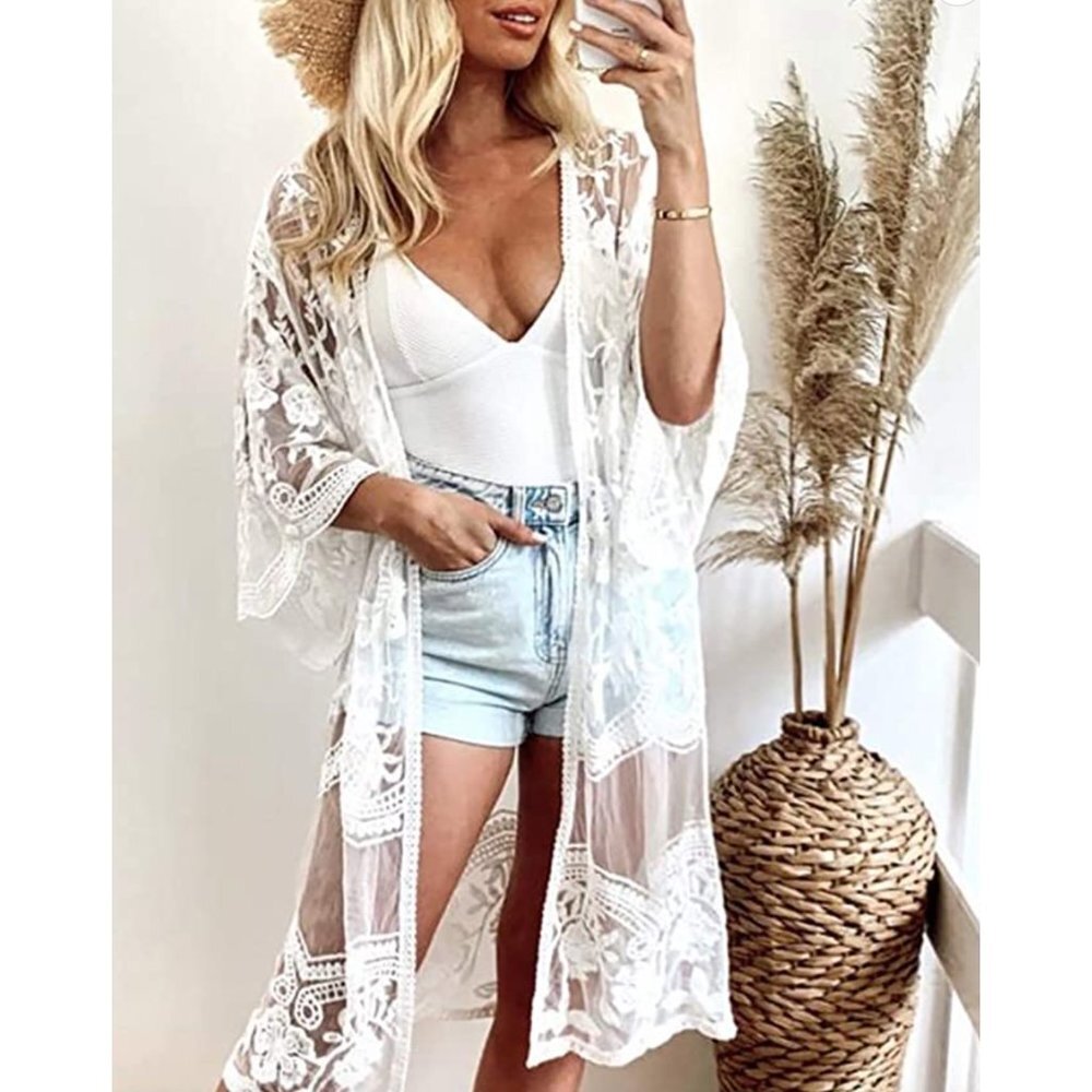 White Crochet Knitted Lace Open Front Kimono‎ Cardigan Bikini Swimsuit Coverup